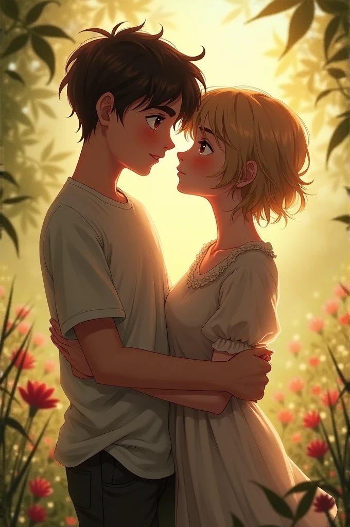 A couple of man and woman, The man is of medium height, with blonde hair, green eyes, of slim build and white complexion. The woman is dark-skinned, with brown eyes, with light brown hair and short stature.