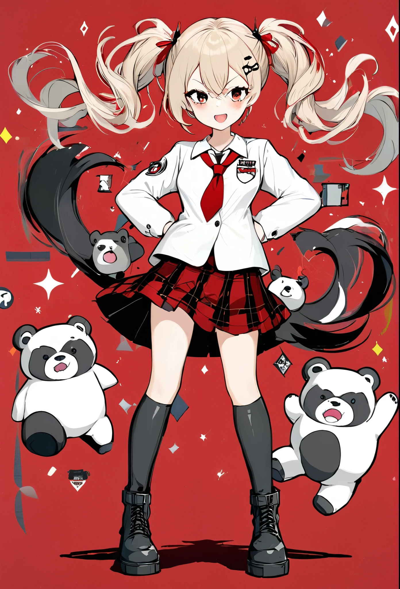 Create a full-body anime-style character with a dynamic, confident stance. She has long, wavy, light brown hair tied in two high pigtails with black and white bear hairpins. The character is wearing a black and white school uniform-inspired outfit with a red ribbon at the chest and a short red plaid skirt. Her outfit also features small patches and symbols on the jacket and tie. She wears knee-high black boots with red laces, and her pose is energetic, with her hands on her hips, laughing mischievously. The overall vibe should be edgy and slightly chaotic, with a detailed and sharp anime art style.