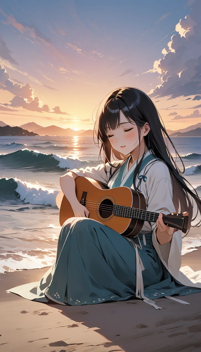 (Highest quality,4K,8k,High resolution,masterpiece:1.2),Very detailed,Realistic,Transparent guitar sculpture,sunset,Sunlight reflecting off a guitar,Body Details,Delicate strings,Vibrant color palette,Sculpting Tools,Hourglass Shape,Sound hole,Elegant Curves,Polished surface,Delicate carving,Light and shadow effects,Subtle reflection,Sparkling Surface,1 cowboy girl,8 year old child、Harmony between nature and art,Perfect craftsmanship,Transcendental beauty,Awe-inspiring works of art、Outdoor、White Hat、White shirt、Great smile、Ocean、The angle of view is upwards