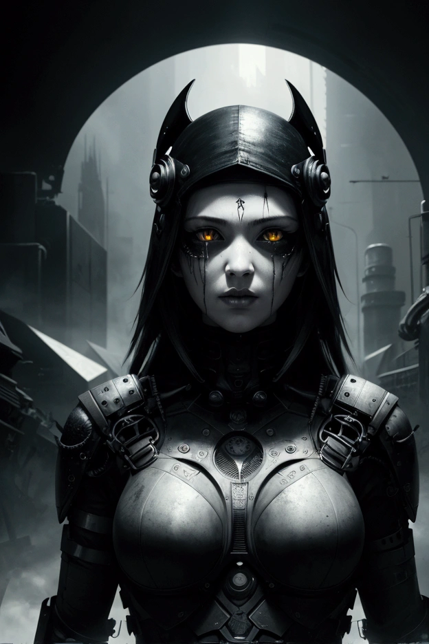 masterpiece, best quality, absurdres, xenomorphdna, 1girl, sitting, faceless, black skin, colored skin, armored dress, looking at viewer,