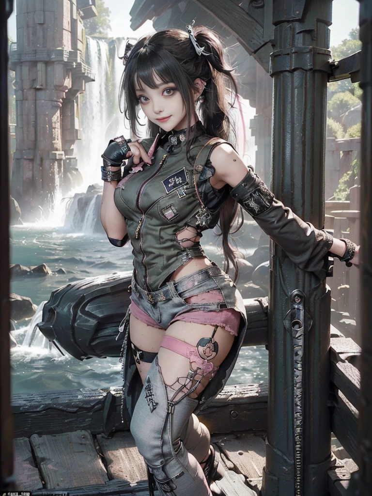 (Full Body View:1.4)、(Side view:1.2)、(Smiling with teeth showing:1.3),(Shibuya Gal:1.5)、(Beautiful:1.5)、(Punk RockVisual Kei:1.4)、(Yellow denim with khaki and brown medieval tattered zip up:1.5)、(Pink arm covers and tattered bugle pants:1.5)、(Denim colored high heels:1.3)、(Wearing silver accessories:1.5)、(Pink collar:1.4)、(Leather garter belt:1.4)、(Pink skin belt:1.3)、(Olive-colored lace underwear:1.5)、30 years old、NSFW、((Highest quality、In 8K、masterpiece:1.3))、Sharp focus:1.2、(Layered Cut、Huge boobs:1.1),Beautiful woman with perfect figure:1.4、(Doing an aerobics pose:1.3)、Slender Abs:1.2、Highly detailed face and skin texture、Detailed eyes、double eyelid,(Twin tails:1.3)、(Brown-black hair:1.3)、Gravure idol、(A fairytale palace with a beautiful vast waterfall in the background:1.3)、(Slim Body:1.3),(Make your legs thinner:1.4),(Thin, thin thighs:1.3)、（clavicle:1.1）