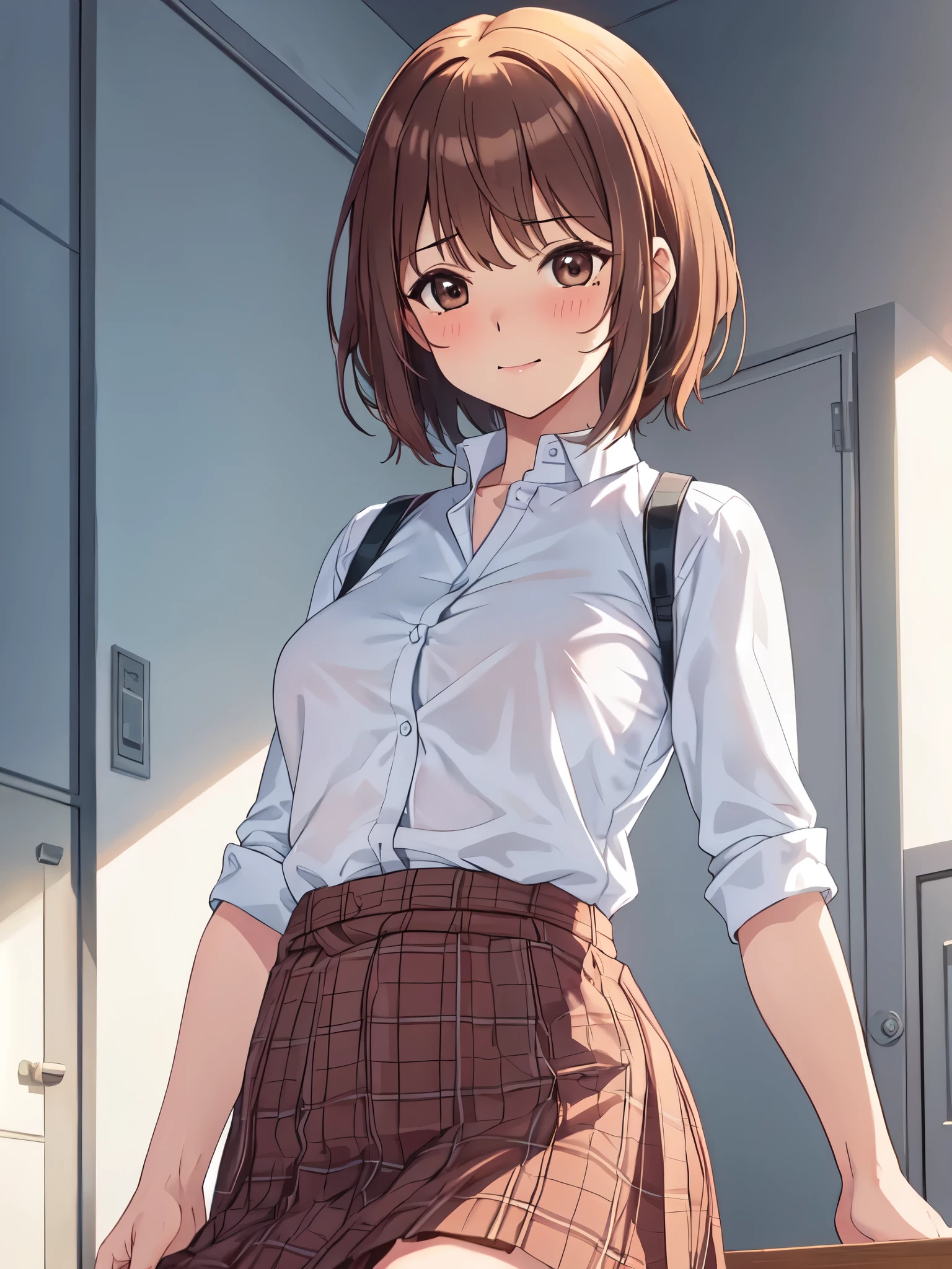 (((masterpiece、Highest quality、High resolution、High precision)、anime))、Brown Hair、Beautiful breasts、(Dynamic pose)、looking at the camera、(Beautiful detailed face、Beautiful big eyes)、((One beautiful woman))、((Embarrassed face))、Red cheeks、(((Blushing with a bitchy expression)))、Standing in the school gym、Light from below、Brown eyes、Short Hair、Small breasts、Solo portrayal、wear a waist-length brown blazer、Wear a short checked skirt、Smile and laugh、((A mole under the left lip))、Open clothes、See-through shirt、Open chest