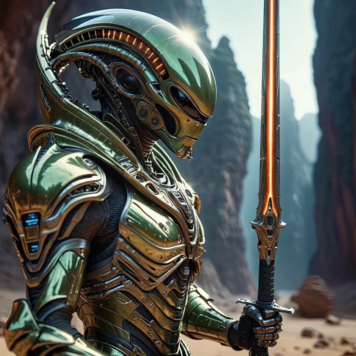 Moving cinematic shot of an alien nailed astronaut knight in space armor on a vibrant alien planet, He has an alien cyber sword that shines like the sun., The sword is pointing downwards towards the ground, detailed planet background, Hong Kong Style, Ultra-high resolution, Digital SLR, Insane Details, Reflective semi-transparent helmet visor, Realistic Shadows, Award-winning photo, Action Shots, 