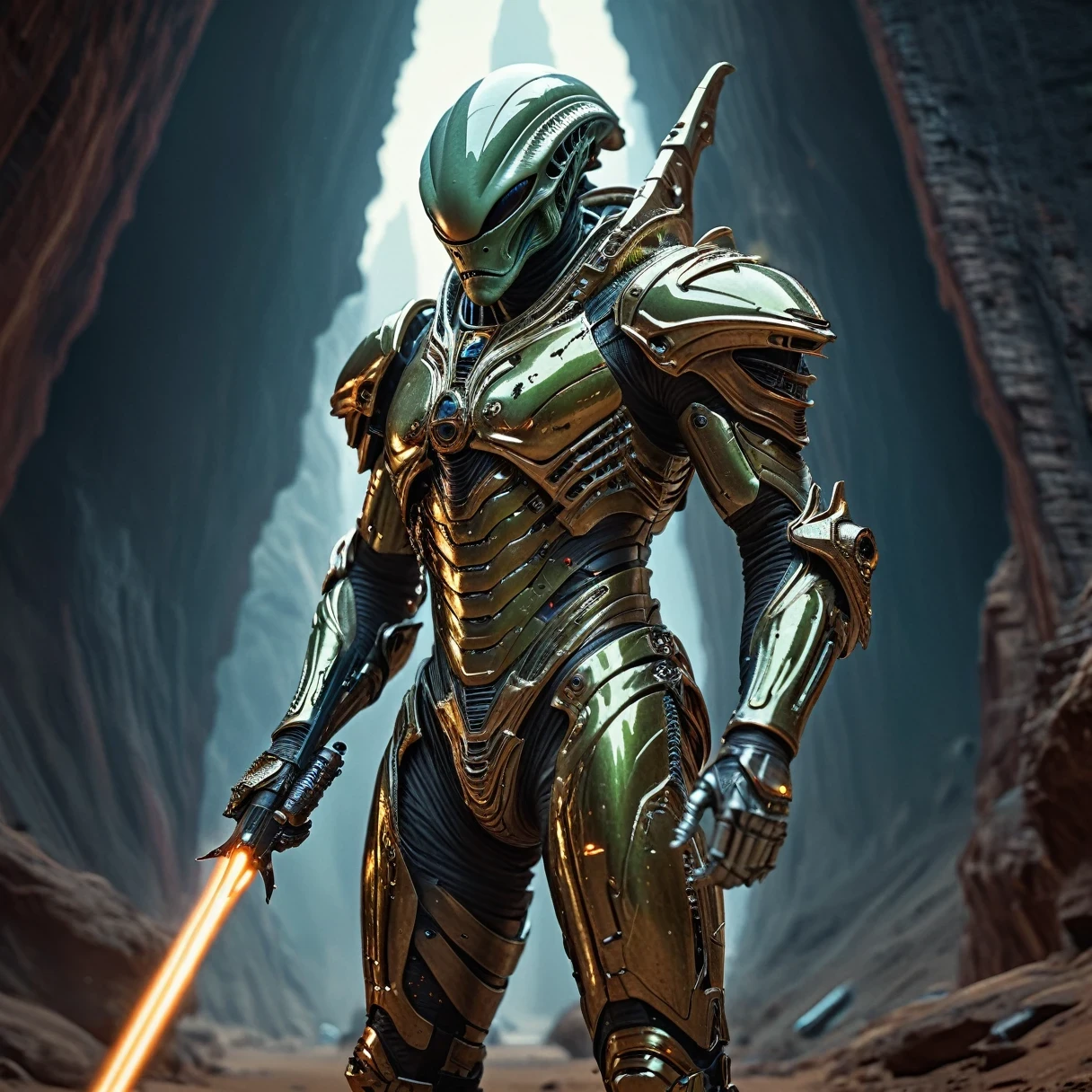 Moving cinematic shot of an alien nailed astronaut knight in space armor on a vibrant alien planet, He has an alien cyber sword that shines like the sun., The sword is pointing downwards towards the ground, detailed planet background, Hong Kong Style, Ultra-high resolution, Digital SLR, Insane Details, Reflective semi-transparent helmet visor, Realistic Shadows, Award-winning photo, Action Shots, 