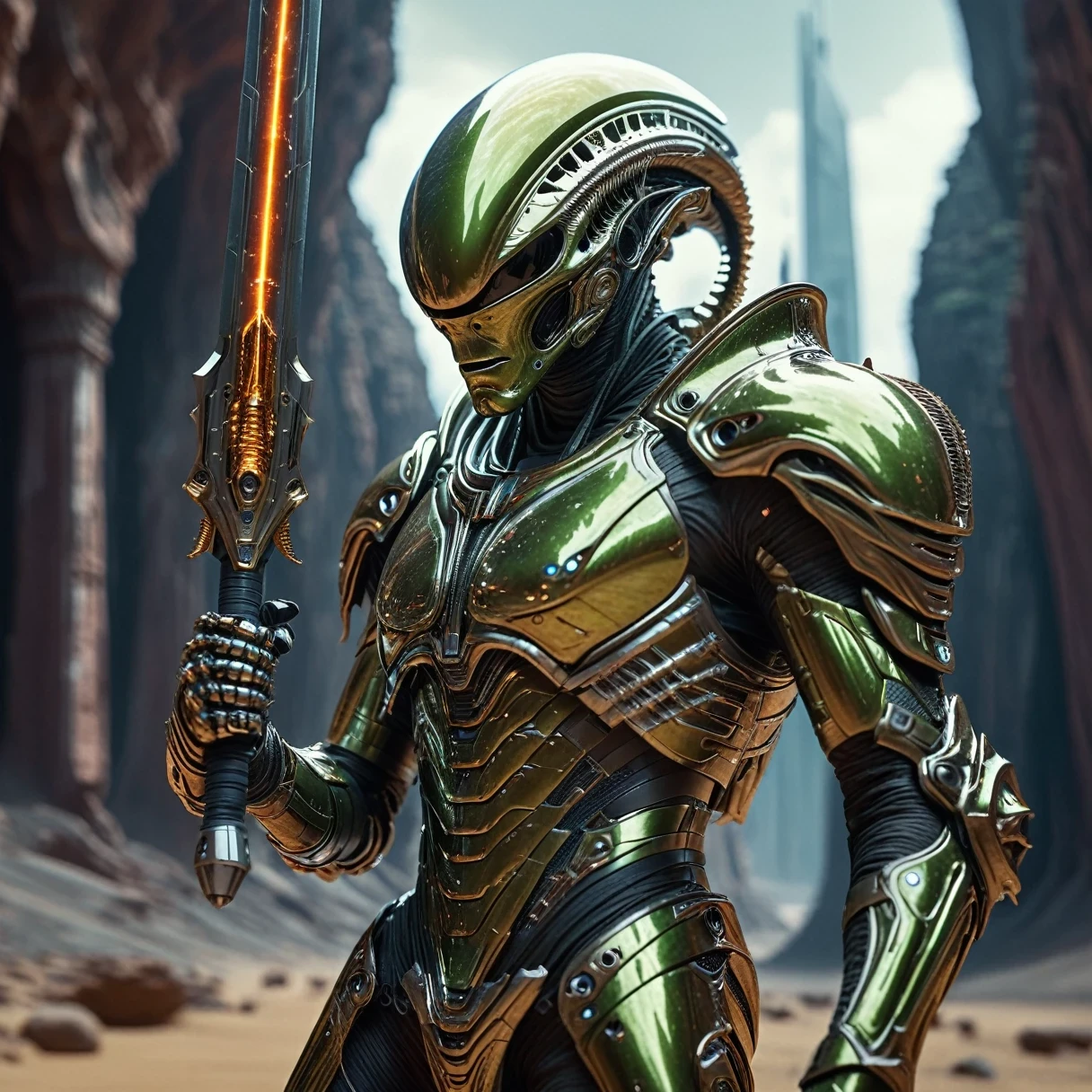 Moving cinematic shot of an alien nailed astronaut knight in space armor on a vibrant alien planet, He has an alien cyber sword that shines like the sun., The sword is pointing downwards towards the ground, detailed planet background, Hong Kong Style, Ultra-high resolution, Digital SLR, Insane Details, Reflective semi-transparent helmet visor, Realistic Shadows, Award-winning photo, Action Shots, 