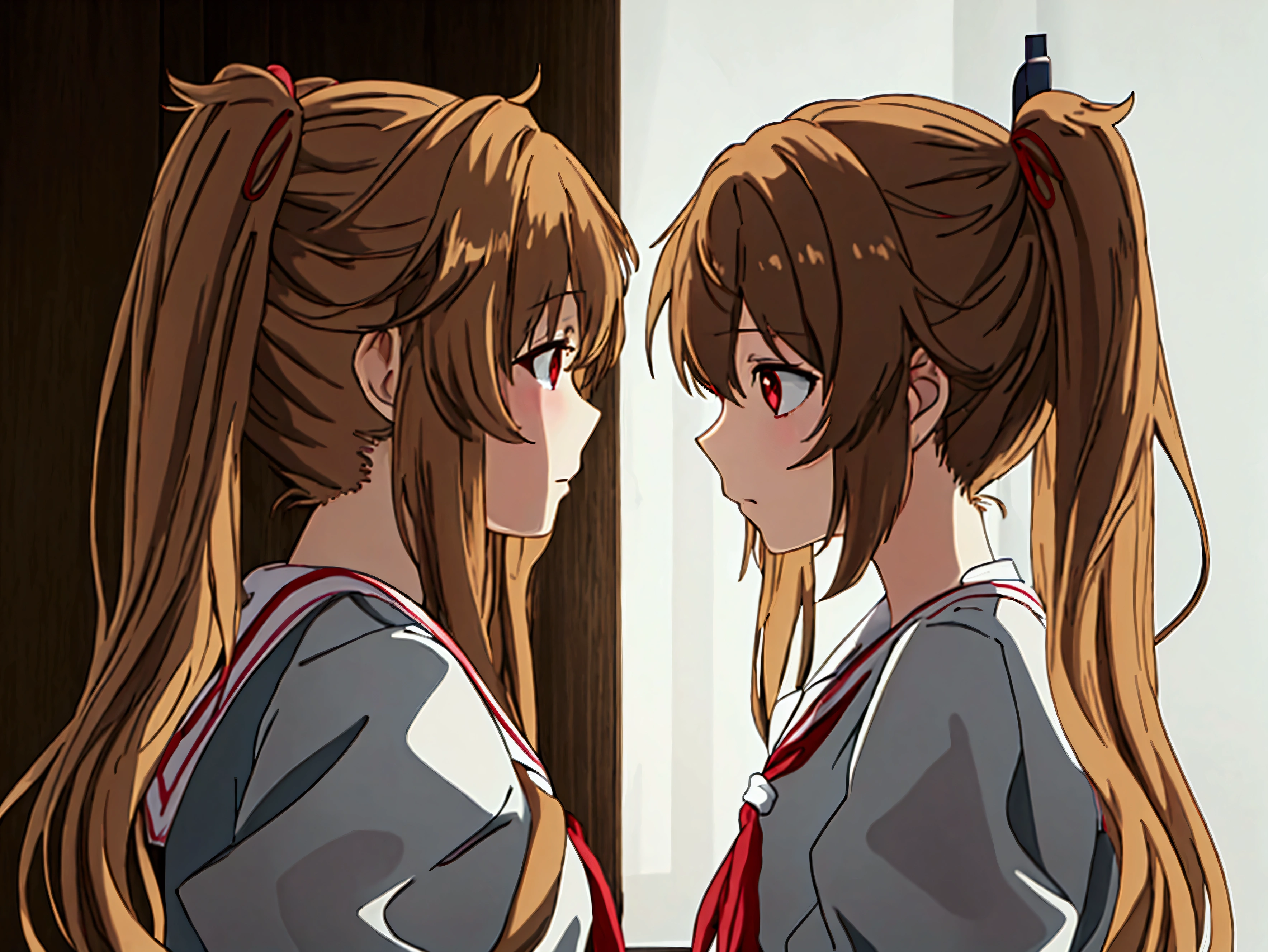 Highest quality　masterpiece　High resolution　Fleet Collection_Murasame　Long Hair、Light Brown Hair、Brown Eye、Red Eye、ribbon、Serafuku、ヘアribbon、ブラックSerafuku、bust、Twin tails、Two Side Up、Hair flap、Hair Ornaments