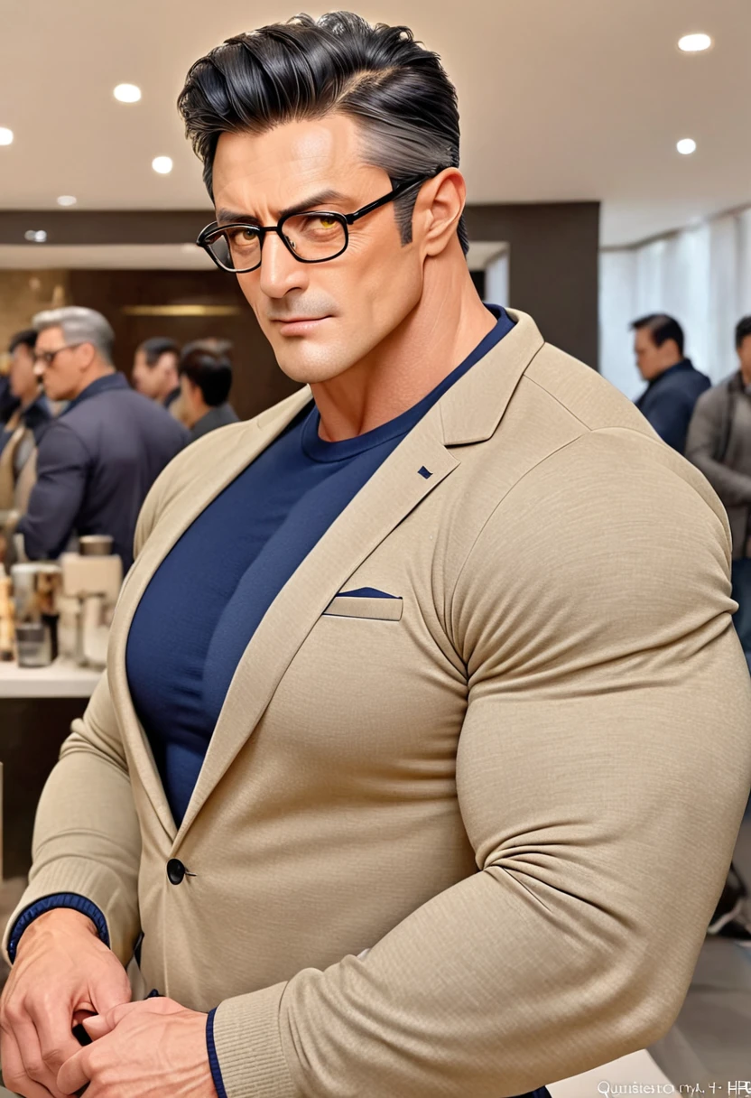 1man, middle aged, 53 y.o, handsome, black hair with white graying edges, quiff sides and tape hairstyle, yellow eyes, prominent muscular bodyshape, BODYBUILDER BODYSHAPED, dark blue sweater, beige jacket, glasses, closer distance face against me, looking viewers, hd, high quality, 9k resolution