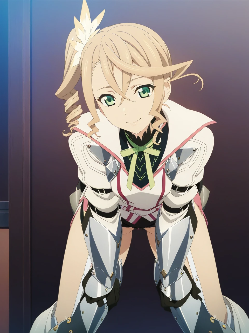 NSFW:1.5,adarmor, Blonde, Side Ponytail, Green Eyes, armor, Neck ribbon, Black shorts, Garter Straps, Gauntlet, gloves, Greaves, One girl, chest wall, Game CG, Anime screenshots, Official Art, masterpiece, Highest quality,A captivating smile,small breasts,stand,(stick out ass),(leaning forward:1.3), (hands on knees:1.3),from behind