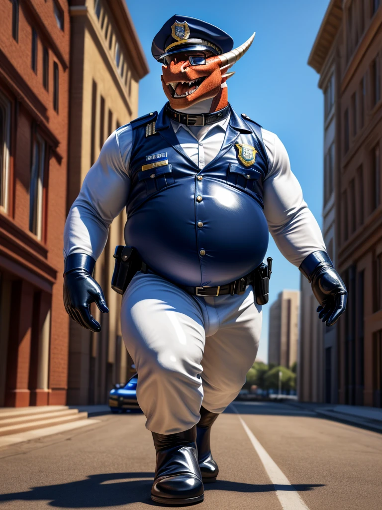 Solo, Male, fat, squatting, extremely obese, gentleman, dapper Rhinoceros, pooping in diaper, blue eyes, (soft shading), 4k, hi res, ((detailed face, detailed)), looking at viewer, evil grin, Airport, TSA, TSA Uniform, collared shirt with buttons, hat, male focus, Police Uniform, glasses, monocle, vest with buttons, sleeves rolled up, round eyewear, headwear, vest, Rhinoceros is wearing a glossy leather dog collar around the neck, Rhinoceros is wearing the leather collar and shirt and vest at the same time, Rhinoceros is wearing glossy white rubber gloves on the hands, wearing white rubber gloves on the feet, gloves are rubber in texture, mouth wide open, evil laugh, clenching fists, leather collar is glossy and shiny with a lot of detail, Rhinoceros is wearing gloves and leather collar at the same time, leather collar has a round dog-tag, leather collar is thick and detailed, white rubber gloves on the feet, Rhinoceros is wearing gloves and leather collar at the same time, leather collar has a round dog-tag, leather collar is thick and detailed, leather collar is glossy and shiny, fancy clothing, dapper vest, dapper shirt, leather collar is thick, glossy leather collar, Rhinoceros is wearing a dirty diaper
