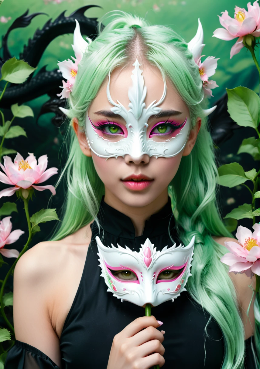 ((masterpiece, Highest quality)), (Negative Space: 1.2), (1 girl, alone: 1.4), petal, Pink Eyes, Dragon Girl, length, Light green hair, High Ponytail, Liquid Hair, Flowers, Holding a mask in your hand、Dragon Background