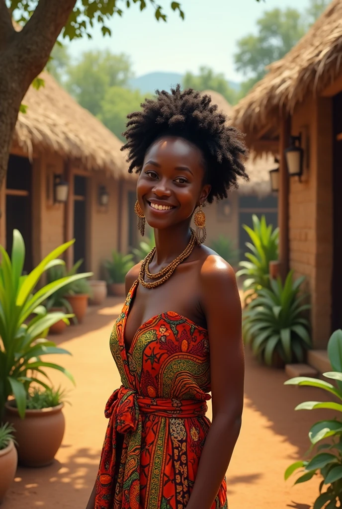 a black girl smiling , her village in the background
