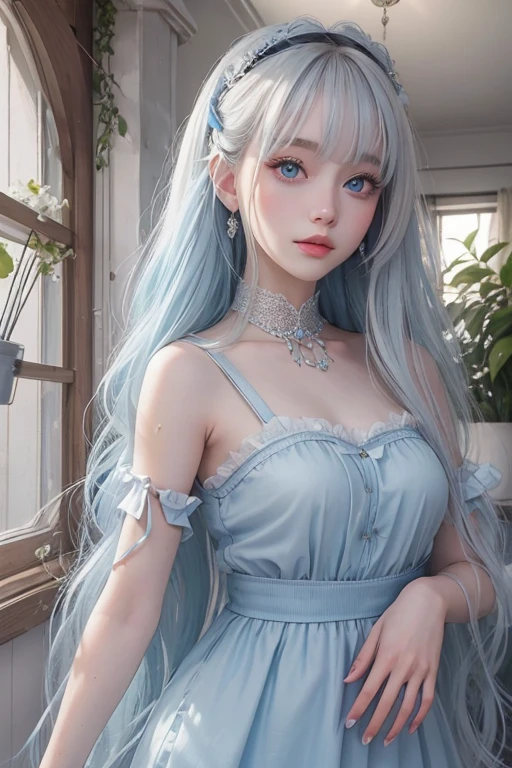 photogenic、top-quality、masterpiece、Angle from above、Japan women、18 years old、pale blue blonde hair、Lustrous hair、Very short、Blue hair、Shortcut Korean Style Beauty、big eye、Double eyes、small tits、White Ruffled Chiffon Sleeveless Top, White Tulle Maxi Skirt Dress, wicker basket bag.、Lace underwear、