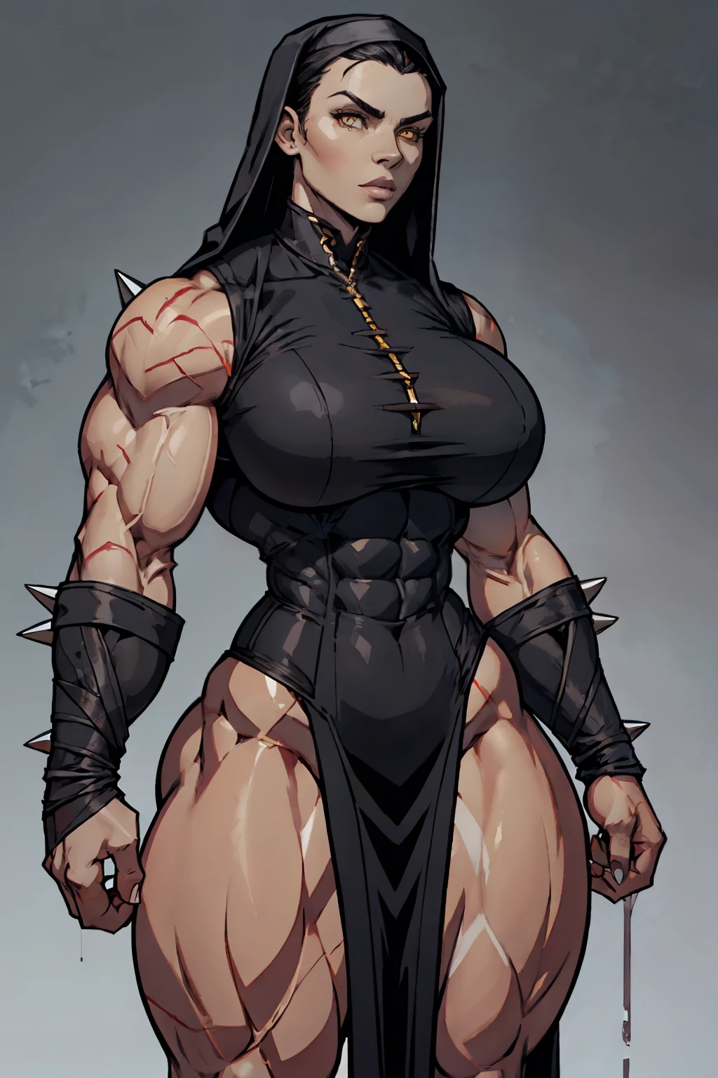 (a high resolution, Pixel perfect, luxury illustration), (hyper quality), black hair, very short hair, ((spiky hair)), yellow eyes, (wicked), Young woman, fantasy, Military uniforms, red fabric, pale skin, (((((((muscular))))))), ((thick thighs)), ((huge breasts)), (((((((woman))))))), (((wide hips))), ((Gray background)), (shiny skin), (patterns on the skin), Female, fantasy, nun uniform, bandaged fists, pale skin, iron veins, dark veins, resin drips, Bright eyes