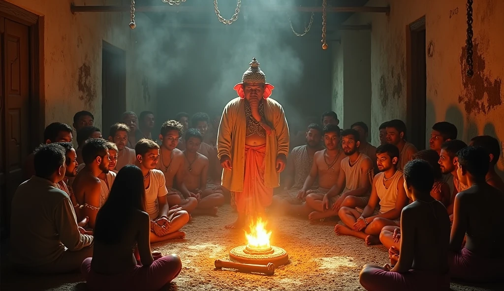 Brahmin man seating front of "agni kund" and some people  holding a goat in front of them.  One man holding a sward for kill that goat. Generate image of sacrificial animal in hindu festival
