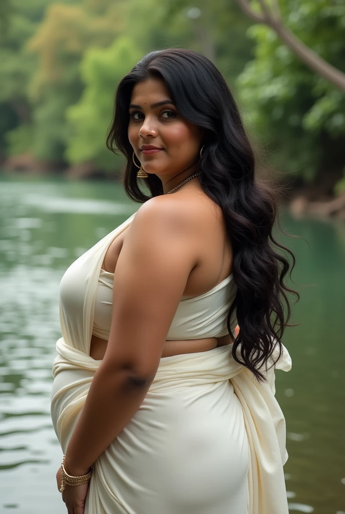 srabanti chatterjee Indian beautiful actress curvy plus size hour glass bulky figure woman, closeup camera view, wearing SHEIN Tween Girls' Knitted Color Block Crop Top With Round Neckline And Knitted Swimsuit Set, different style hairstyle, bright eyes, thin eyebrows, fair skin, blushing cheeks, prefect head to toe view, full body view, Sunset Beach: A sandy beach with golden hues, crashing waves, and romantic sunsets. smile face, black hair, Indian face, perfect skin tone light, ultra realistic skin texture