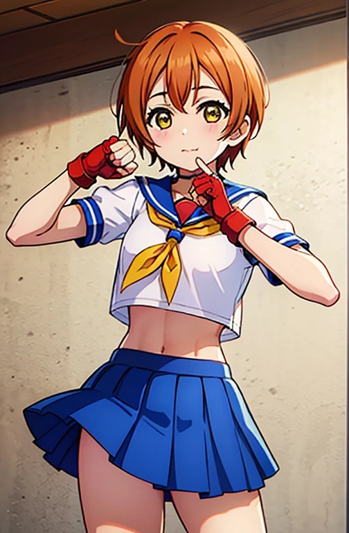 Hoshizora Rin, Orange Hair, Yellow Eyes ,short hair, bangs, , Crop top, Red neckerchief, ((Blue Skirt)), Fingerless gloves, Thighs, Are standing, Cowboy Shot