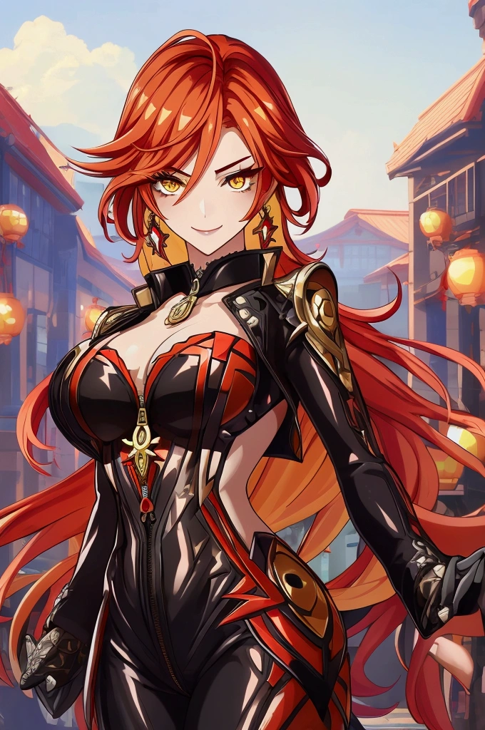 1 woman, Mavuika, genshin impact, gorgeous, smile, standing, in pose, flaming hair, (perfect eyes:1.1), beautiful eyes, red and yellow eyes, sun-shaped eyes, beautiful face, (perfect face:1.3), Ultra-detailed face, (detailed face:1.3), sexy face, sexy woman, skin-thight suit, long zip, full body suit, high heels, (anatomically perfect body:1), (2 harms), (2 legs), looking at viewer, Ultra-detailed body, (detailed body:1.3), upper body, High quality, Masterpiece, Ethereal,Ultra-Detailed,8K, divine presence, breathtaking beauty, vivid colors reflects, front view