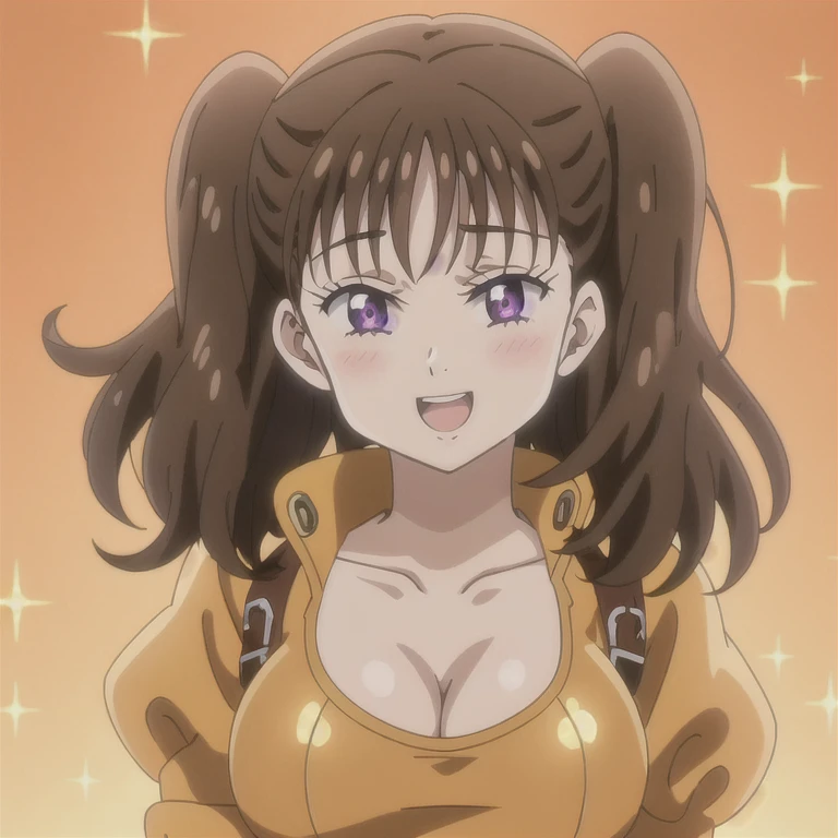 1girl, solo, purple eyes, brown hair, seven deadly sins, diane, breasts, cleavage, blush, open mouth, sparkle, orange leotard, smile, looking at viewer, short hair, large breasts, upper body, leotard, twintails, collarbone, :d, orange background, sparkle background, puffy sleeves, long hair, medium breasts,  