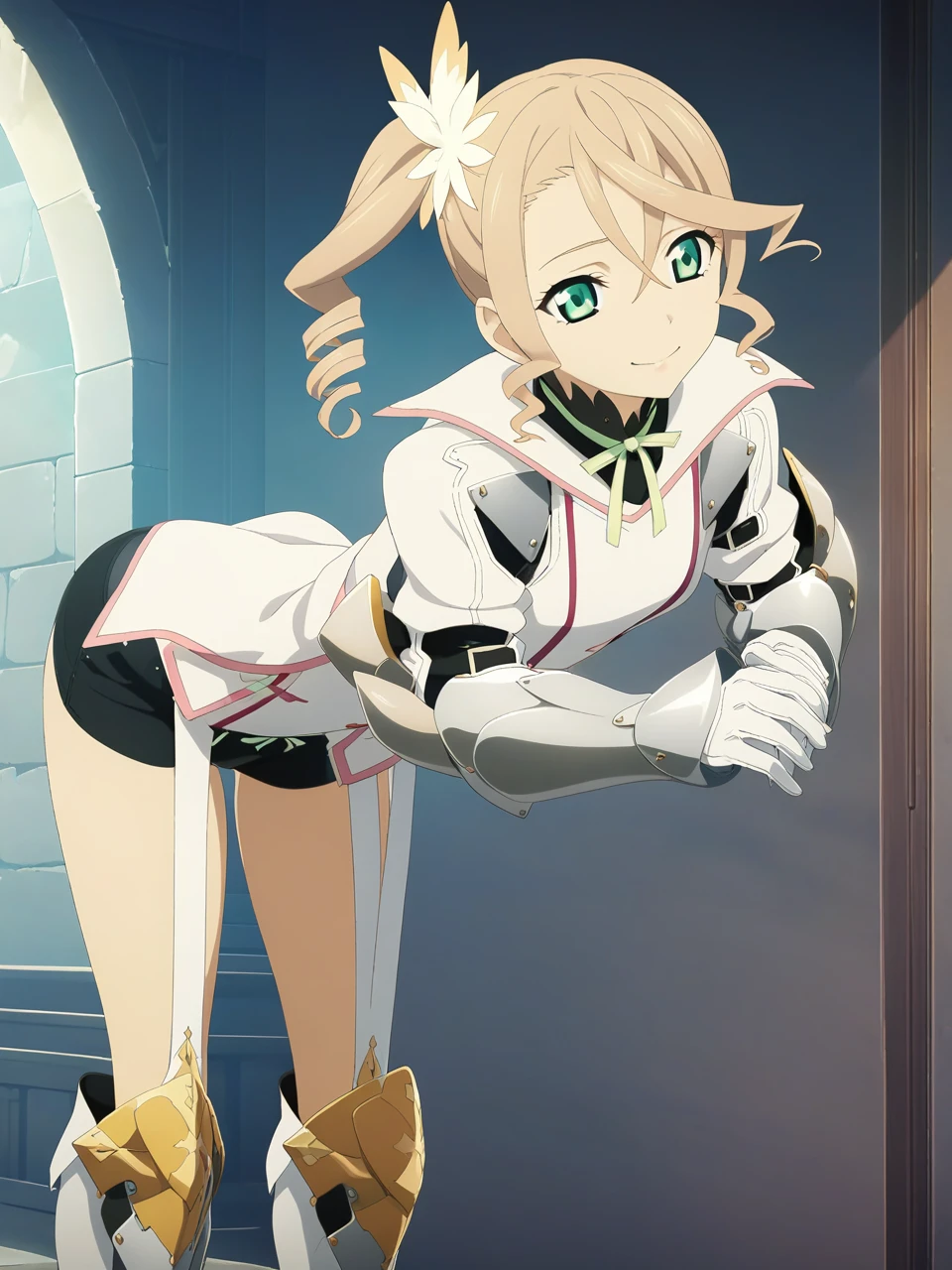 NSFW:1.5,adarmor, Blonde, Side Ponytail, Green Eyes, armor, Neck ribbon, Black shorts, Garter Straps, Gauntlet, gloves, Greaves, One girl, chest wall, Game CG, Anime screenshots, Official Art, masterpiece, Highest quality,A captivating smile,small breasts,stand,(stick out ass),(leaning forward:1.3), (hands on knees:1.3),(from behind)