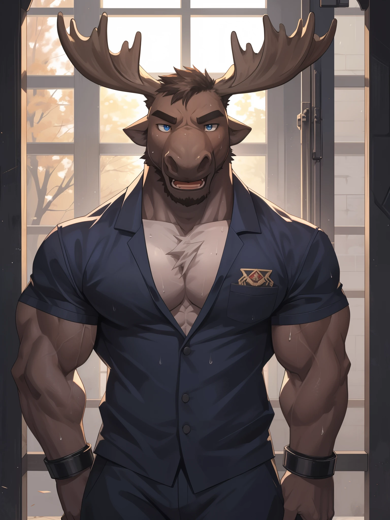 ((muscular, hefty pecs, juicy pecs, 6 pack abs):1.2), tall male young, slim waist, anthro moose, big moose antlers, thin beard, flirting, dynamic light, wearing a tight white shirt with suspenders ,((hot weather, sweating a lot):1.4), very hairy body, black super hairy chest, extremely hot and sexy, ((shy face, blushing cheeks):1.2), Daddy figure, hot daddy, by darkgem, by zixiong, by glitter trap boy, ((changing in a bar):1.2), bulge