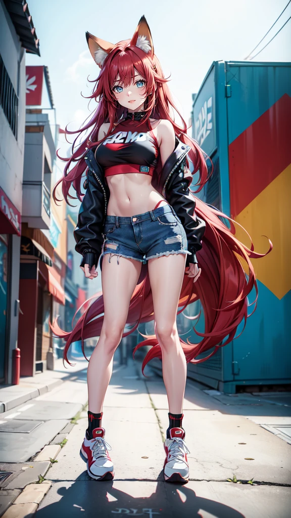 A cute fox girl with blue eyes, long red hair, Fox ears and a fox tail. She has a cheerful, love very much, friendly and happy character. She wears a cool, modernes Outfit, that fits perfectly with a wall with graffiti. Her outfit consists of a trendy crop top, ripped jeans and stylish sneakers. In the background there is a colourful, detailed graffiti wall, which have an urban, gives an artistic look. The image should be highly detailed, with HDR and Ultra 8K resolution, about the textures of clothing, to accurately portray her cheerful charisma and the details of the graffiti.


