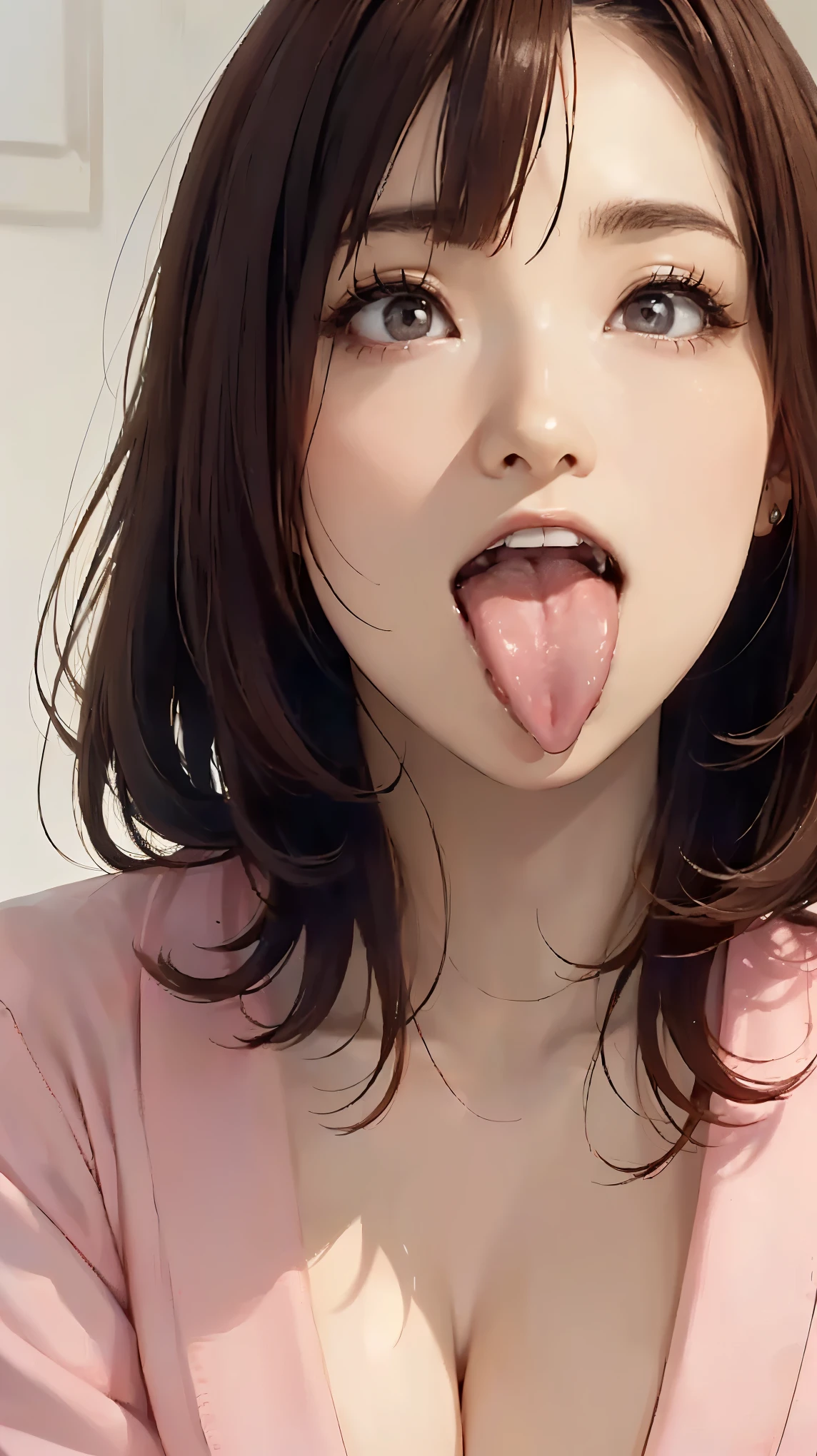 Realistic, masterpiece, Highest quality, Highest quality, (One Japanese woman:1.5), (Close up on face, Sticking out a long tongue:1.5), beautiful girl, Smiling happily, Dark Eyes, With lots of eyelashes, (Brown Hair, Bob Hair, middle part:1.3), (Cleavage:1.3), (Stand up:1.3)