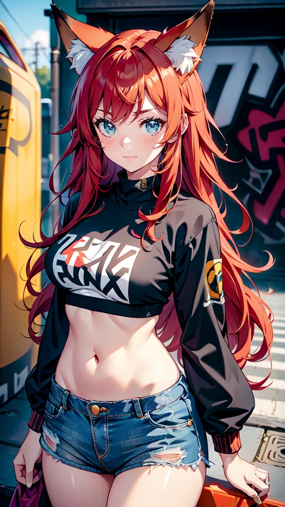 A cute fox girl with blue eyes, long red hair, Fox ears and a fox tail. She has a cheerful, love very much, friendly and happy character. She wears a cool, modernes Outfit, that fits perfectly with a wall with graffiti. Her outfit consists of a trendy crop top, ripped jeans and stylish sneakers. In the background there is a colourful, detailed graffiti wall, which have an urban, gives an artistic look. The image should be highly detailed, with HDR and Ultra 8K resolution, about the textures of clothing, to accurately portray her cheerful charisma and the details of the graffiti.


