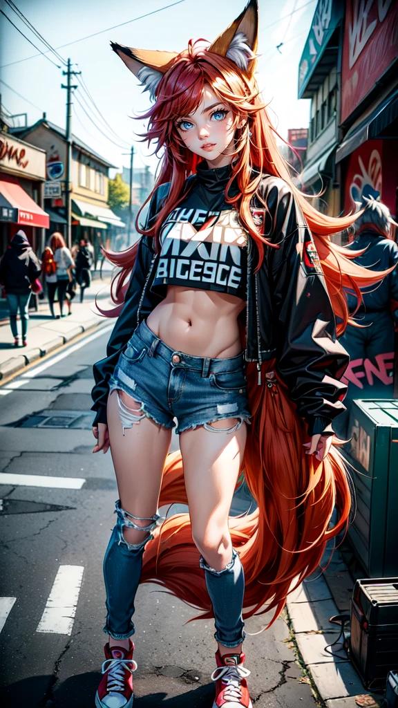 A cute fox girl with blue eyes, long red hair, Fox ears and a fox tail. She has a cheerful, love very much, friendly and happy character. She wears a cool, modernes Outfit, that fits perfectly with a wall with graffiti. Her outfit consists of a trendy crop top, ripped jeans and stylish sneakers. In the background there is a colourful, detailed graffiti wall, which have an urban, gives an artistic look. The image should be highly detailed, with HDR and Ultra 8K resolution, about the textures of clothing, to accurately portray her cheerful charisma and the details of the graffiti.


