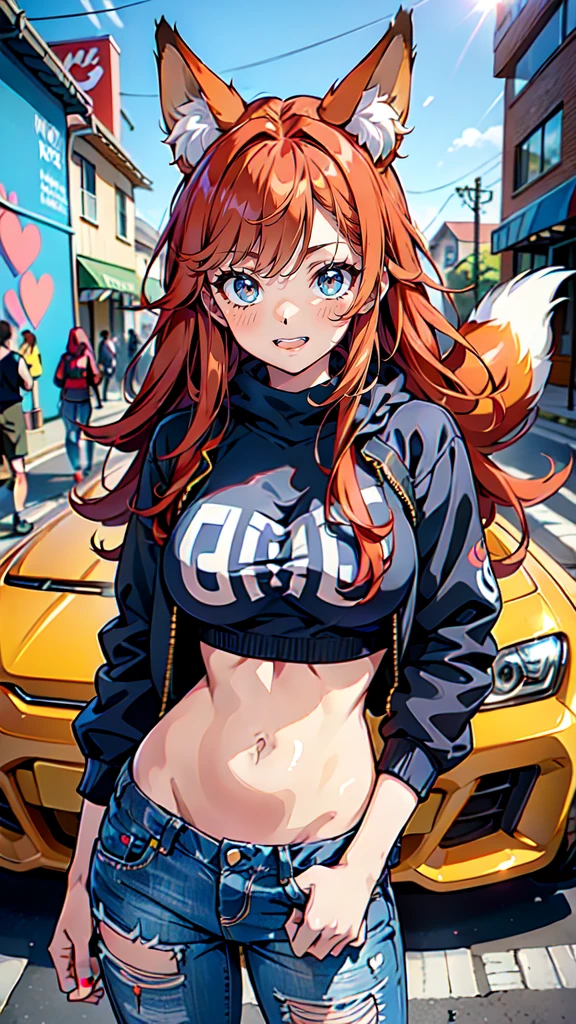 A cute fox girl with blue eyes, long red hair, Fox ears and a fox tail. She has a cheerful, love very much, friendly and happy character. She wears a cool, modernes Outfit, that fits perfectly with a wall with graffiti. Her outfit consists of a trendy crop top, ripped jeans and stylish sneakers. In the background there is a colourful, detailed graffiti wall, which have an urban, gives an artistic look. The image should be highly detailed, with HDR and Ultra 8K resolution, about the textures of clothing, to accurately portray her cheerful charisma and the details of the graffiti.


