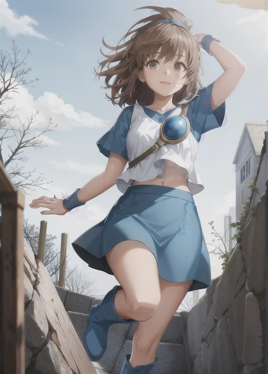 Arlenajah, One girl, alone, skirt, Brown Hair, blue skirt, Brown eyes, boots, short hair, Half Up, Blue footwear, knee boots, armor, Outdoor, sunny, Jumping, :is 