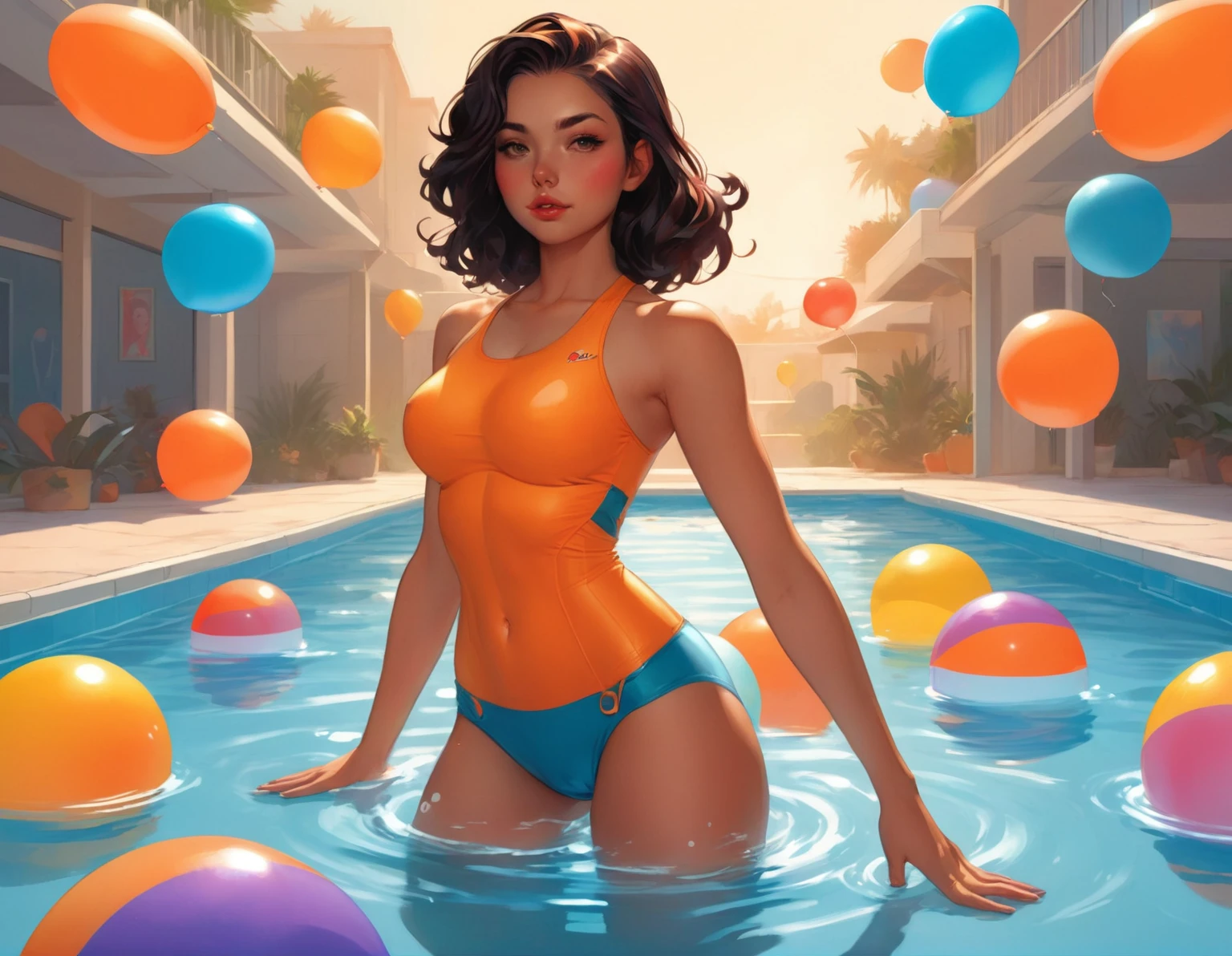 There is a naked woman standing in a pool with balloons., She has a huge butt and big breasts, alena aenami and artgerm, artgerm y atey ghaithen, Lois van Baarle y Rossdraws, Estilo Iván Tathevera y Artgerm, In the Artgerm style, artgerm and Lois van Baarle, awesome digital illustration, the 