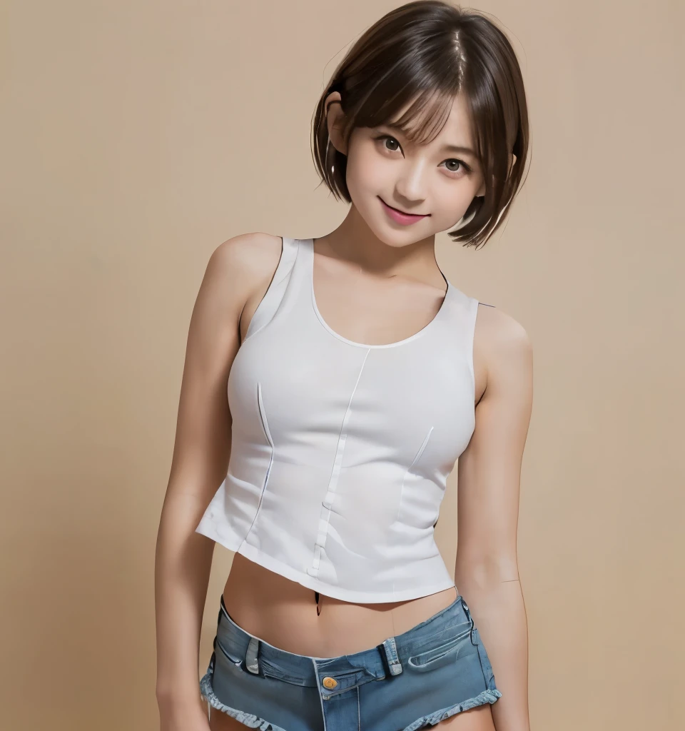 Highest quality、Ultra-high resolution、masterpiece、、Clear photos、(Very cute girl、beautiful girl、The cutest Yoda Yuki)、、Small face、smile、((Full body photo:1.6))、thin、(Very short hair:1.6)、(Low-rise denim shorts:1.6、Unbutton:1.2、Pull down your denim shorts:1.6)、(Show off the lower abdomen:1.2)、 (Wearing a white tank top、Show your underbust:1.4)、Vivid depiction