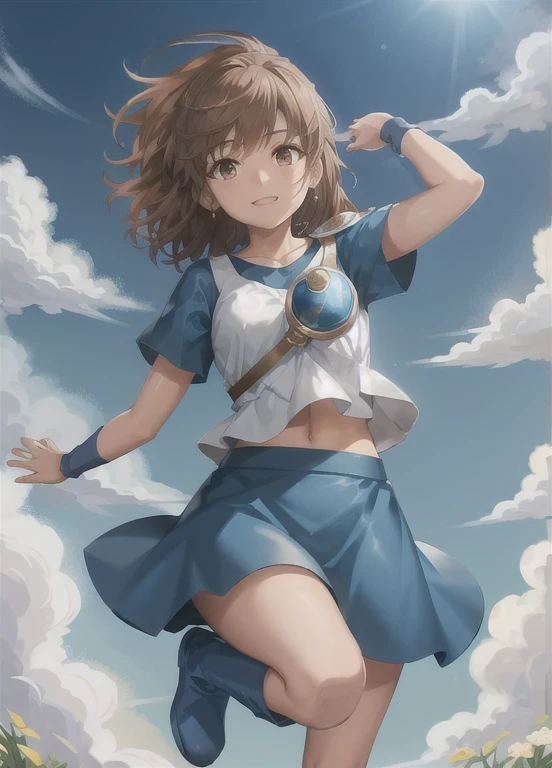 Arlenajah, One girl, alone, skirt, Brown Hair, blue skirt, Brown eyes, boots, short hair, Half Up, Blue footwear, knee boots, armor, Outdoor, sunny, Jumping, :is 