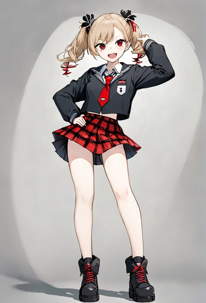 Create a full-body anime-style character with a dynamic, confident stance. She has long, wavy, light brown hair tied in two high pigtails with black and white bear hairpins. The character is wearing a black and white school uniform-inspired outfit with a red ribbon at the chest and a short red plaid skirt. Her outfit also features small patches and symbols on the jacket and tie. She wears knee-high black boots with red laces, and her pose is energetic, with her hands on her hips, laughing mischievously. The overall vibe should be edgy and slightly chaotic, with a detailed and sharp anime art style.