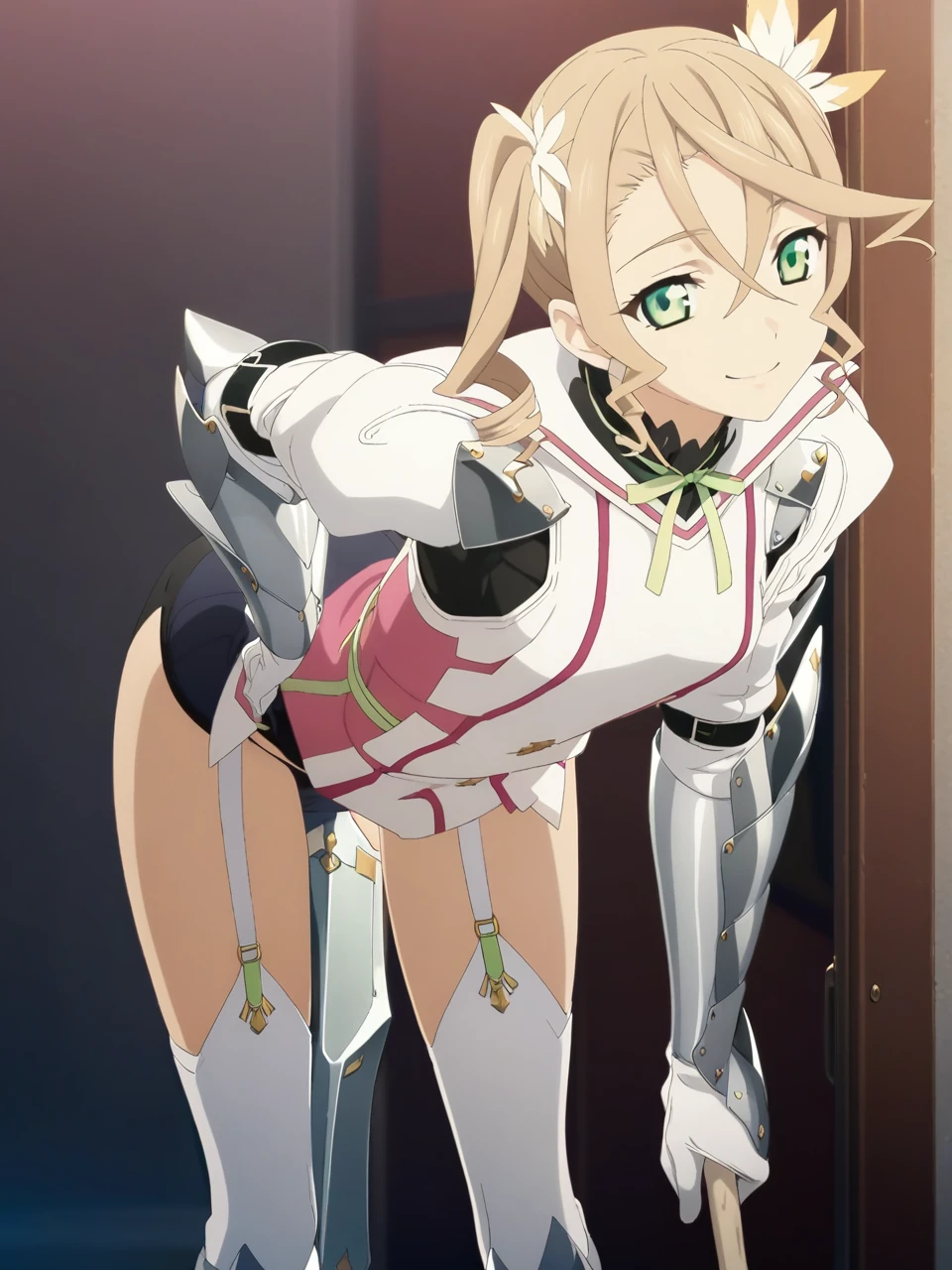 NSFW:1.5,adarmor, Blonde, Side Ponytail, Green Eyes, armor, Neck ribbon, Black shorts, Garter Straps, Gauntlet, gloves, Greaves, One girl, chest wall, Game CG, Anime screenshots, Official Art, masterpiece, Highest quality,A captivating smile,small breasts,stand,(stick out ass),(leaning forward:1.3), (hands on thighs:1.3),(from behind),