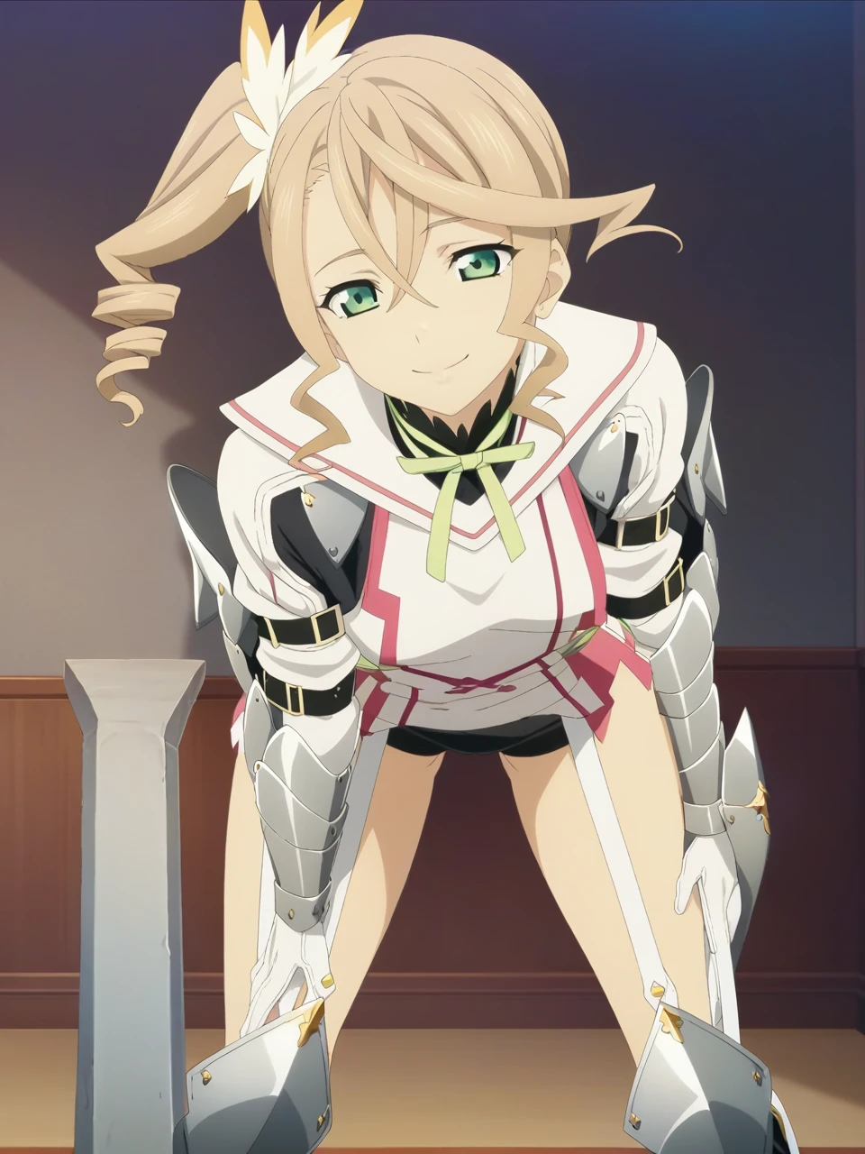 NSFW:1.5,adarmor, Blonde, Side Ponytail, Green Eyes, armor, Neck ribbon, Black shorts, Garter Straps, Gauntlet, gloves, Greaves, One girl, chest wall, Game CG, Anime screenshots, Official Art, masterpiece, Highest quality,A captivating smile,small breasts,stand,(stick out ass),(leaning forward:1.3), (hands on thighs:1.3),(from behind),