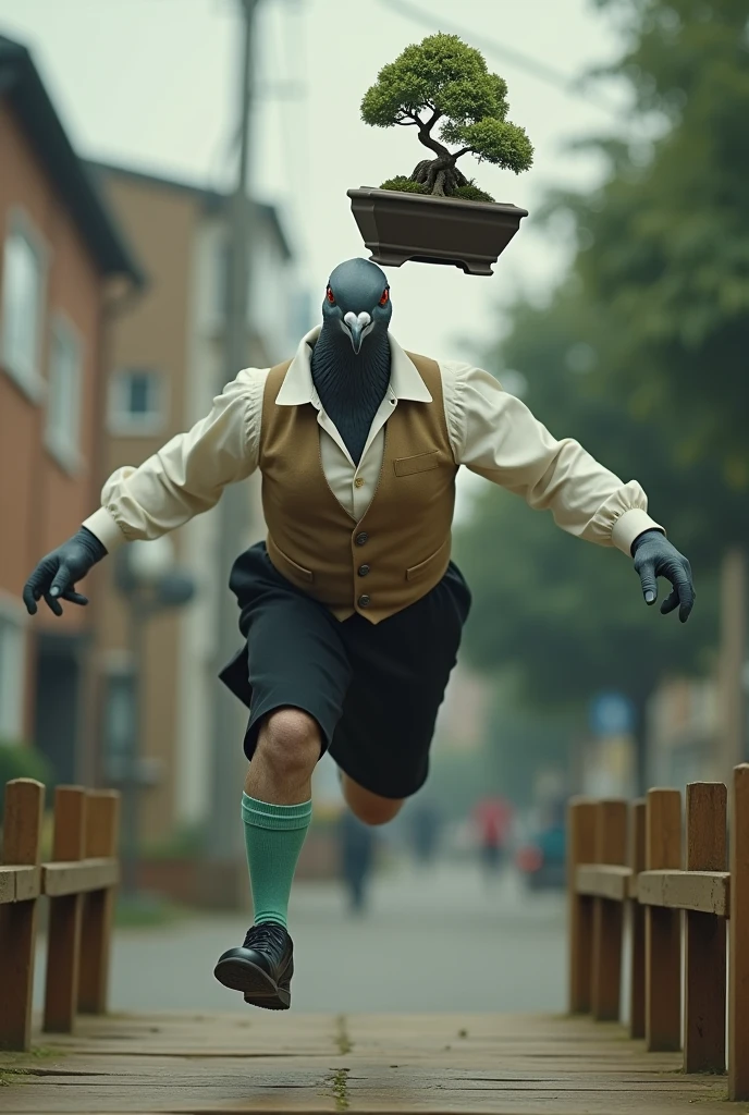 ((Highest quality)), ((masterpiece)), (horror movie posters:1.5), (short-sleeved shirt), (Horror movie title「Jason vs Soraroid」Write:1.8), A bloody Jason running away from a muscular grey female pigeon, 口を開けているグレーの女性のハトがオフホワイトで襟付きのshort-sleeved shirtに薄茶色のベストを着てひざ丈の黒いスカートに濃い緑の靴下と黒の靴を履いている, A muscular grey female pigeon with her mouth open vs Jason,Photorealistic images,