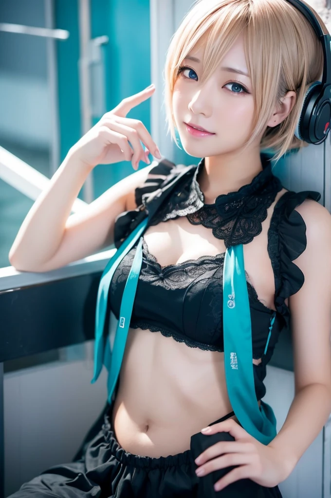 (photo realistic1.2),ultra detailed,(8K),(1girl),(cyberpunk:1.5),(ruins),(bed),Matte clothing,(cyberpunk costume:1.5),Futuristic Weapons,Future Items,Goggles of the Future,topless, (small nipples), (big breasts: 1.2),nude gravure, beautiful Japanese, clothes in disarray,earrings,(from above),looking at viewer,(lying down pose),(embarrassed),bust shot,((light blue hair)),(short hair),26years old,