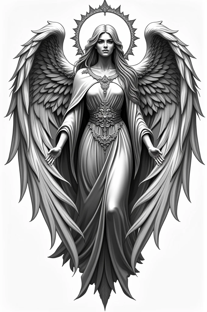 Tattoo design of the goddess of justice with the phrase written "I die unconquered"