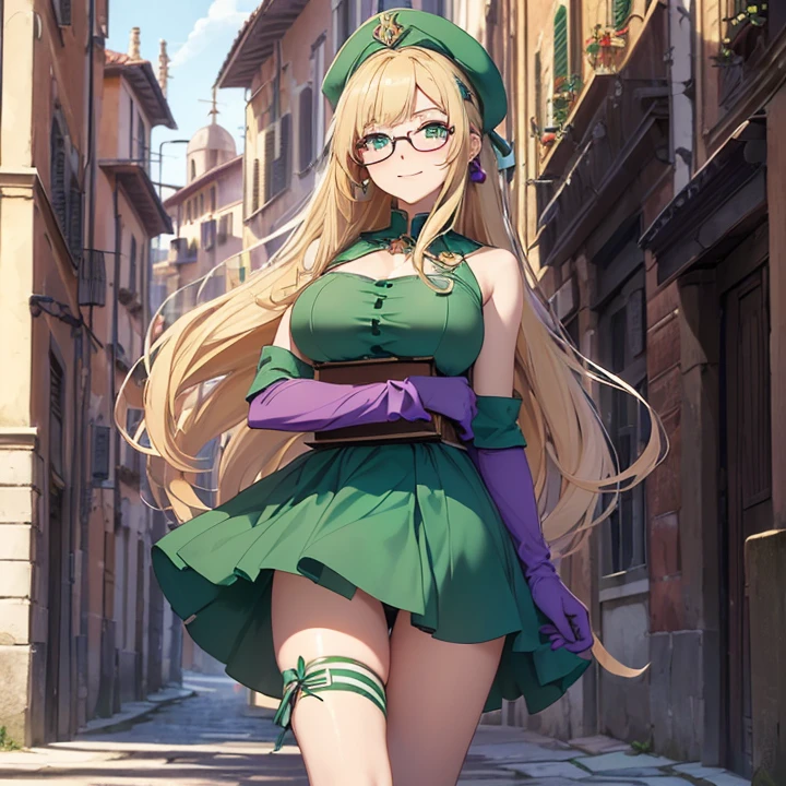 8k,masterpiece, best quality,big, (1 girl), Ushio, Summer Time Render, blue eyes, blond hair, long hair, professional lighting, (shiny skin: 1.2), shiny big, ((best quality)), sharp focus: 1.2, highly detailed face and skin texture, detailed eyes, perfect face, perfect body, blur art, cg, background, Big breasts, presence (20yo, mature cool and beautiful face), wearing ((green skirt), blue taut shirt, thigh), blush, (mittgal), random pose, top view, perfect eye