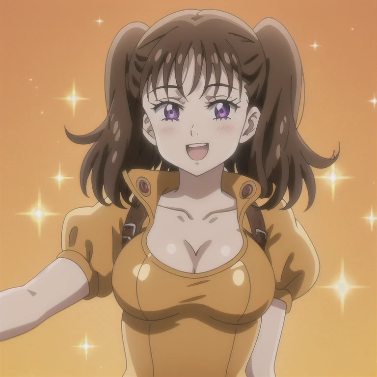 1girl, solo, purple eyes, brown hair, seven deadly sins, diane, breasts, cleavage, blush, open mouth, sparkle, orange leotard, smile, looking at viewer, short hair, large breasts, upper body, leotard, twintails, collarbone, :d, orange background, sparkle background, puffy sleeves, long hair, medium breasts,  