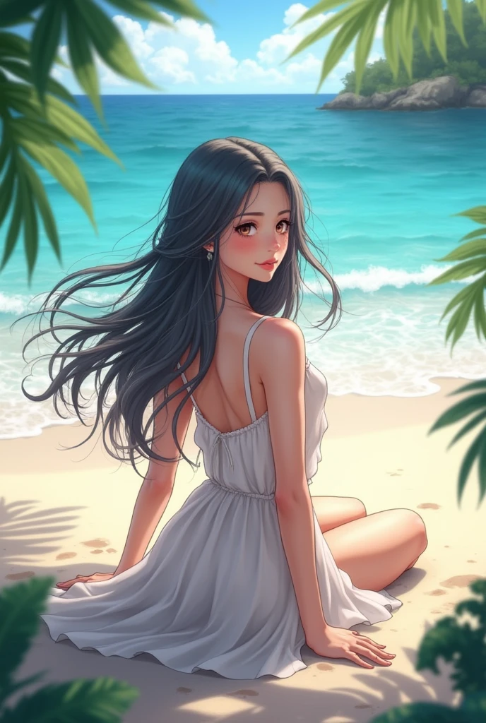A beautiful anime woman on the beach
