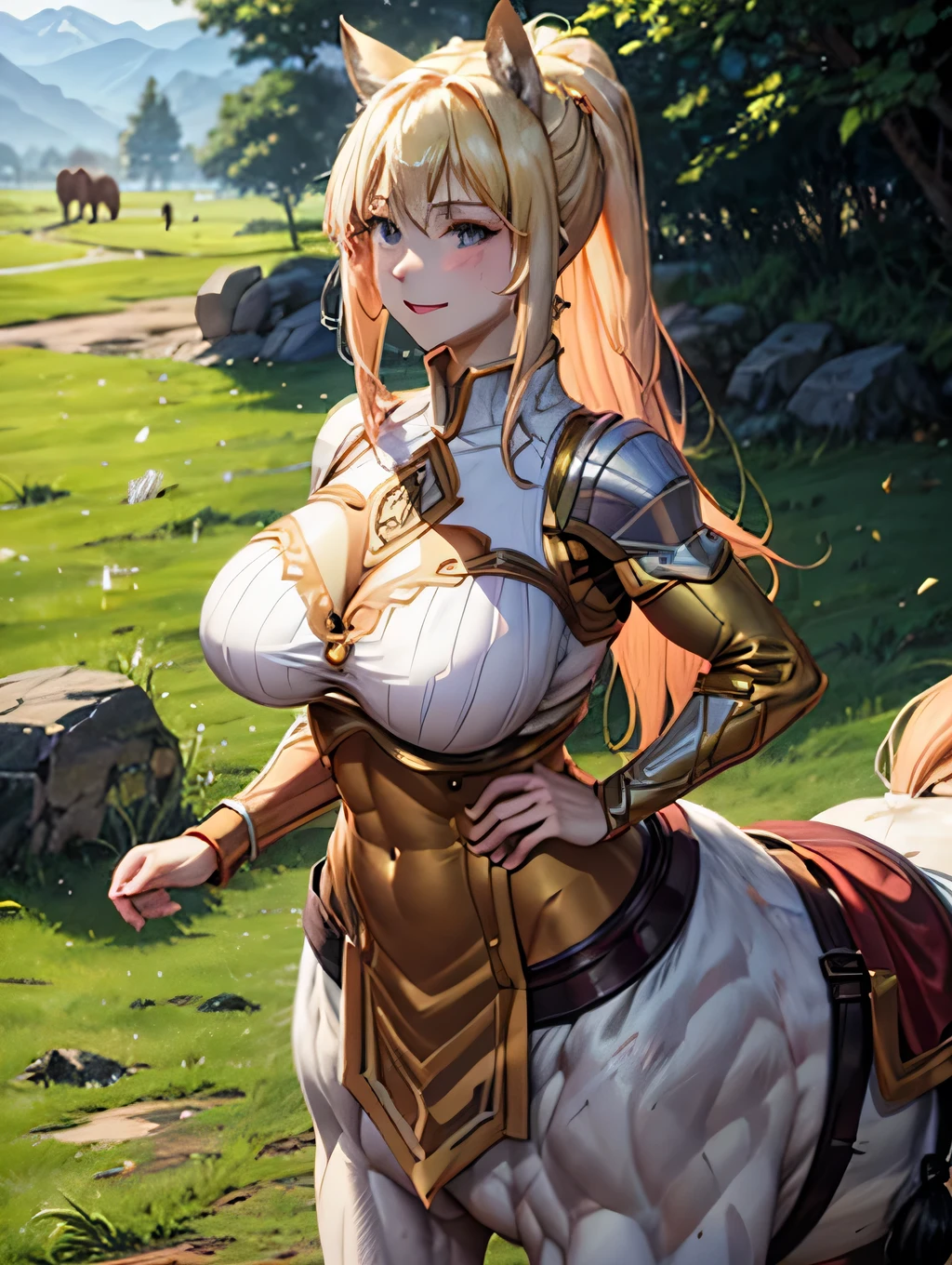 (Highest quality)、(Abs 6 Pack),Super huge 、Super big breasts、Big cleavage、Protruding areola,、Strong Abs、Cute Woman、Strengthen all body muscles、(Tough Bodybuilders)、White skin、(BIG ASS)、(Thick, muscular thighs with visible veins,)、Gentle laughter、Armpit hair becomes darker and thicker、smile、Long golden hair、Green Eyes、Golden Hair、Full body image、Green Eyes、very dense armpit hair、Lower body of a horse、centaur、The strong body of a horse、Muscular lower body of a horse、Huge and protruding boobs、Dark brown horse body、Dark brown horse body、強い筋肉のcentaur、Vast grassland、Pointy super huge breasts。