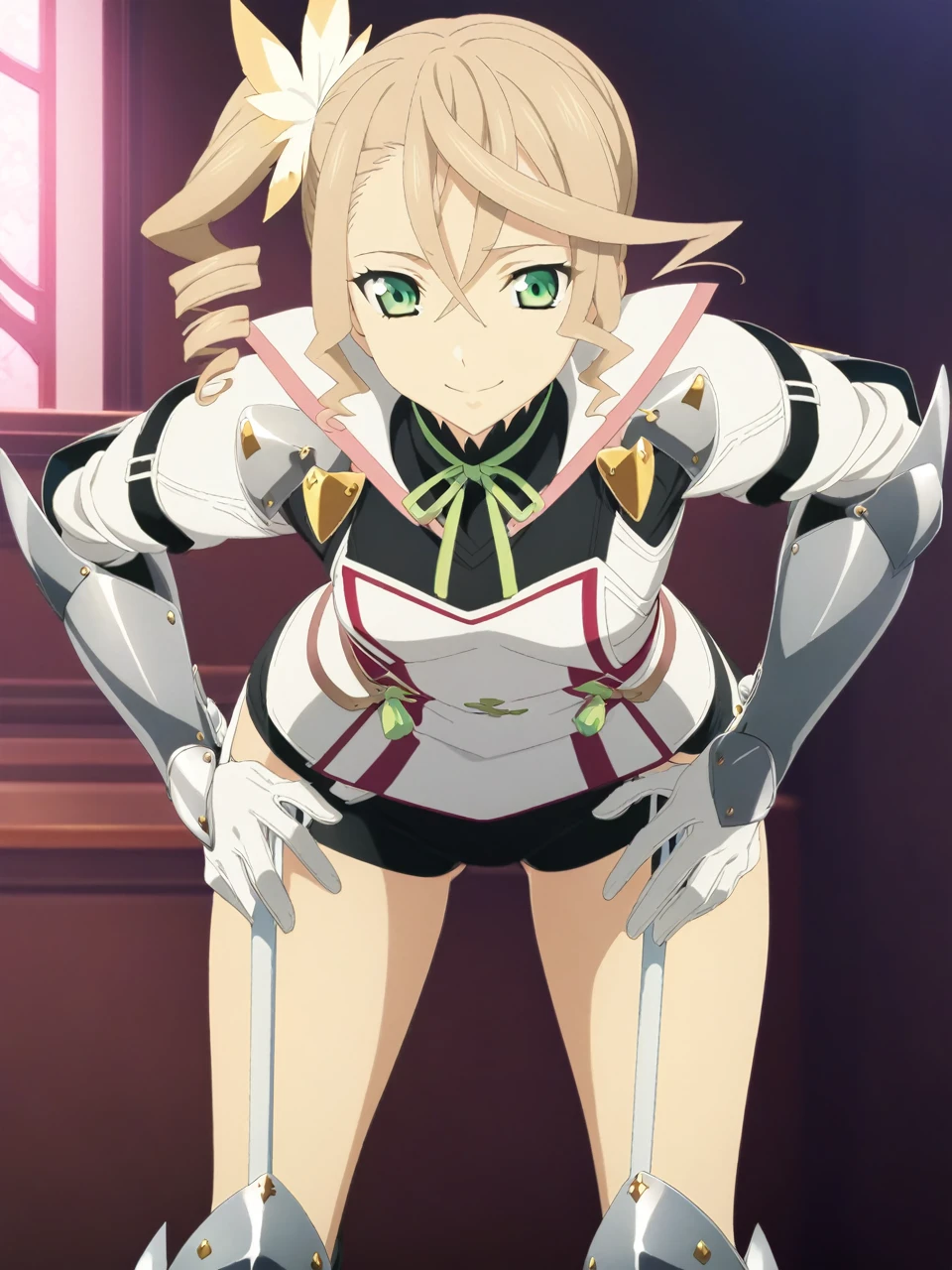 NSFW:1.5,adarmor, Blonde, Side Ponytail, Green Eyes, armor, Neck ribbon, Black shorts, Garter Straps, Gauntlet, gloves, Greaves, One girl, chest wall, Game CG, Anime screenshots, Official Art, masterpiece, Highest quality,A captivating smile,small breasts,stand,(stick out ass),(leaning forward:1.3), (hands on thighs:1.3),(from behind),focus on hips