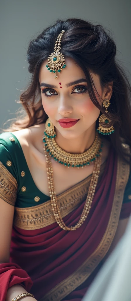 Aishwarya Rai, wear Saree criss cross sitting, a bindi on the center of the forehead, gorgeous royal temple, jewelry, gem, necklace, gold bracelet, anklets, thick lips, hands on lips, skindentation, parted lips, deep cleavage, busty, (detailed eyes), (seductive pose), ulzzang-6500-v1.1, (large breast:1.2), , thick eyelashes, long eyelashes, light red hair, Ponytail, red eye, sfw
HDR, shallow depth of field, broad light, backlighting, bloom, light sparkles, chromatic aberration, sharp focus, Nikon Z 85mm
unparalleled masterpiece, ultra-realistic 8k photos, best quality masterpiece, best quality, (photorealistic:1.2), (realistic:1.5), (hyperrealistic:1.2),(photorealistic face:1.2)