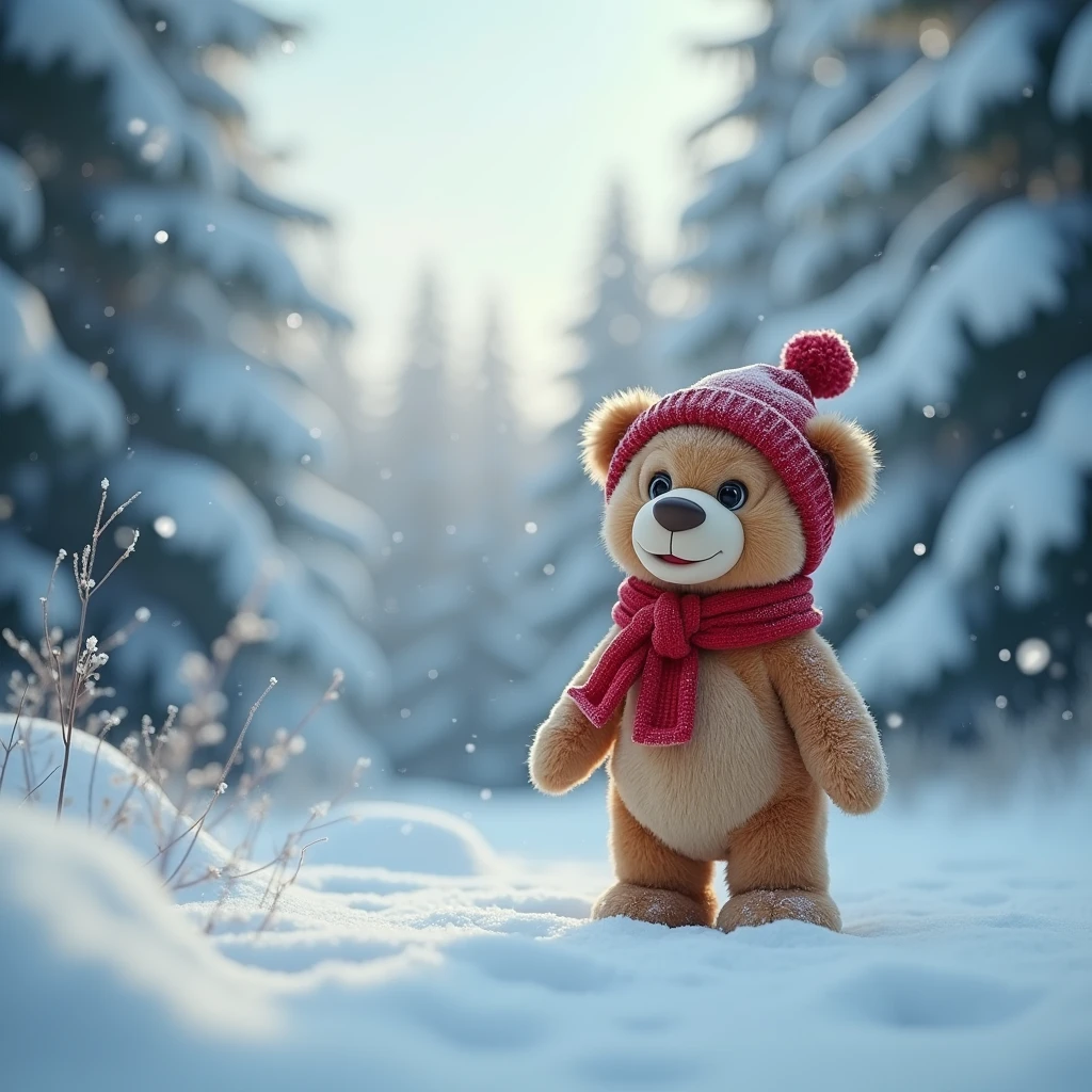 Amidst the snow covered mountains, the teddy bear donned a furry cloak and held a small cane, bravely embarking on an adventure. Its gaze was firm and curious, leaving deep footprints with every step. Snowflakes lightly fell in the air, adding a touch of purity and mystery to this magnificent scenery.
﻿
Beautiful cinematic lighting, surreal, color graded, dynamic movement, captivating chiaroscuro, full body, award-winning, cinematic still, emotional, vignette, dynamic, vivid, (masterpiece, best quality, photorealistic, Professional, perfect composition, very aesthetic, absurdres, ultra-detailed, intricate details:1.3)