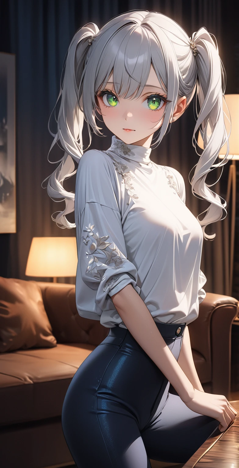 Twin tails, Silver Hair,Wear high-neck zipper-up tops, Pause, cute, Look up, high quality, necklace, ring, bracelet, Earrings、Wear low rise leggings、Wear stiletto heels、