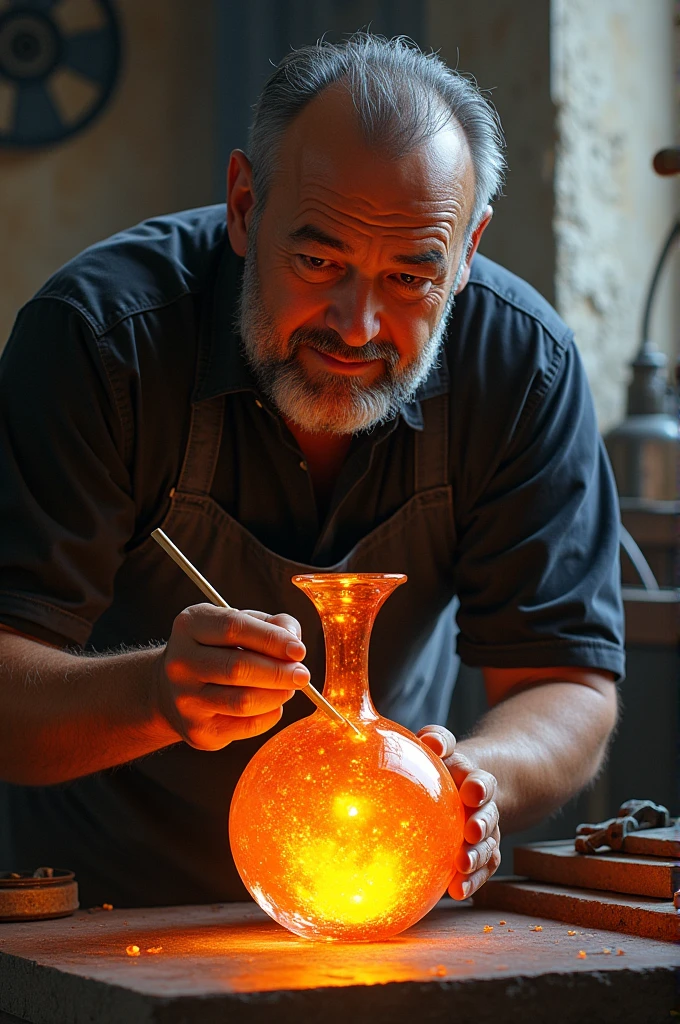 Detailed image of a master glassblower, forming the neck of a bottle of Bordeaux. Traditional workshop with warm lighting."