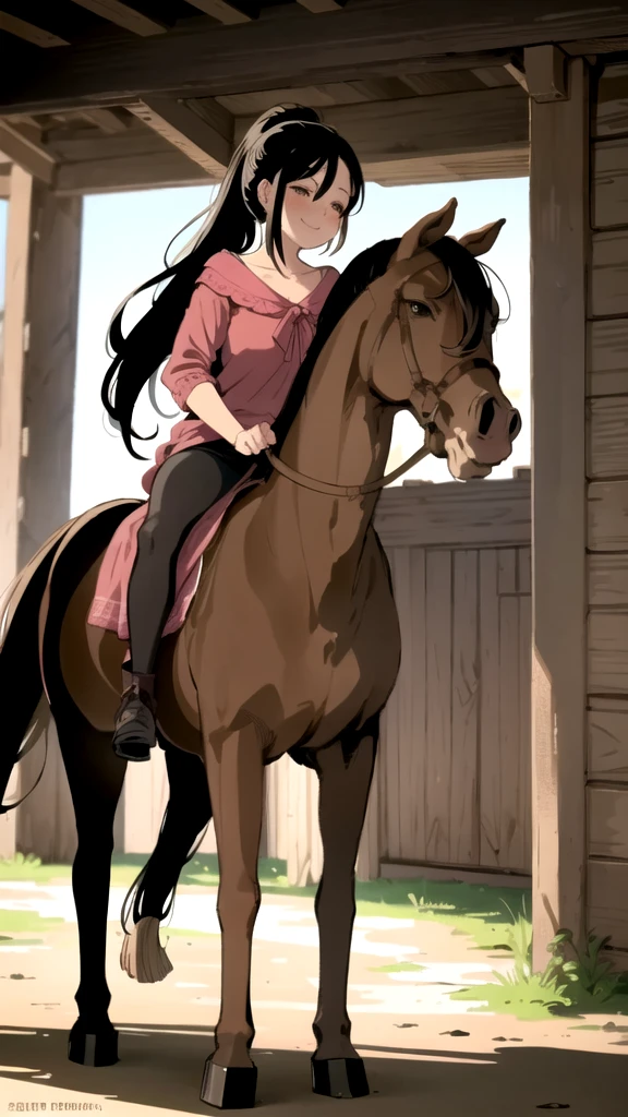  horse,  One girl, in, ponytail, blush, smile, , Black Hair, Are standing, 