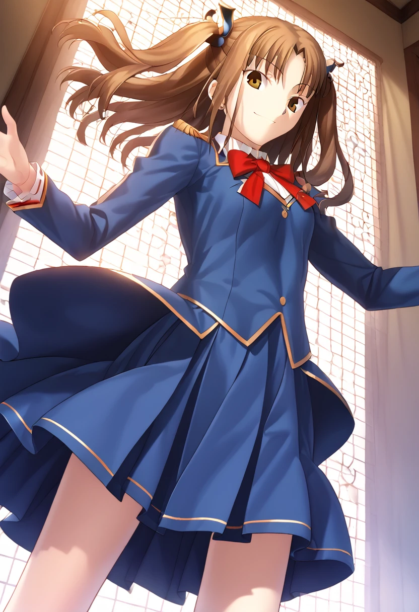 masterpiece, absurdres, (high quality), (detailed lighting), detailed skin, detailed character design, ultra-high resolution, perfectly composed, clear, breathtaking attention to detail, highres, ultra detail, 8k wallpaper,girl,young,Yumizuka Satsuki, brown eyes, brown hair, parted bangs, sidelocks, two side up,slutty_clothes, uniform,solo focus, low angle,smile, erotic posture,aya